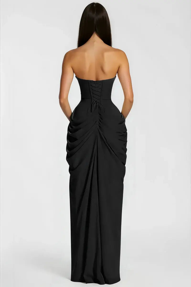 Azalée Strapless Draped High-Slit Maxi Dress / Black
