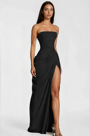 Azalée Strapless Draped High-Slit Maxi Dress / Black