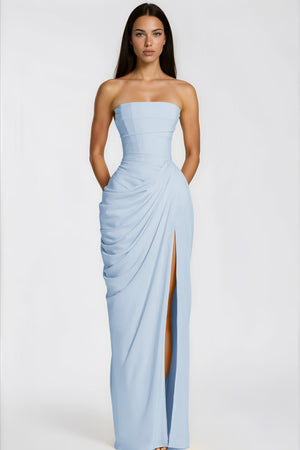 Aurohaya Safiya Blue Ruched Maxi Dress with Cross Front