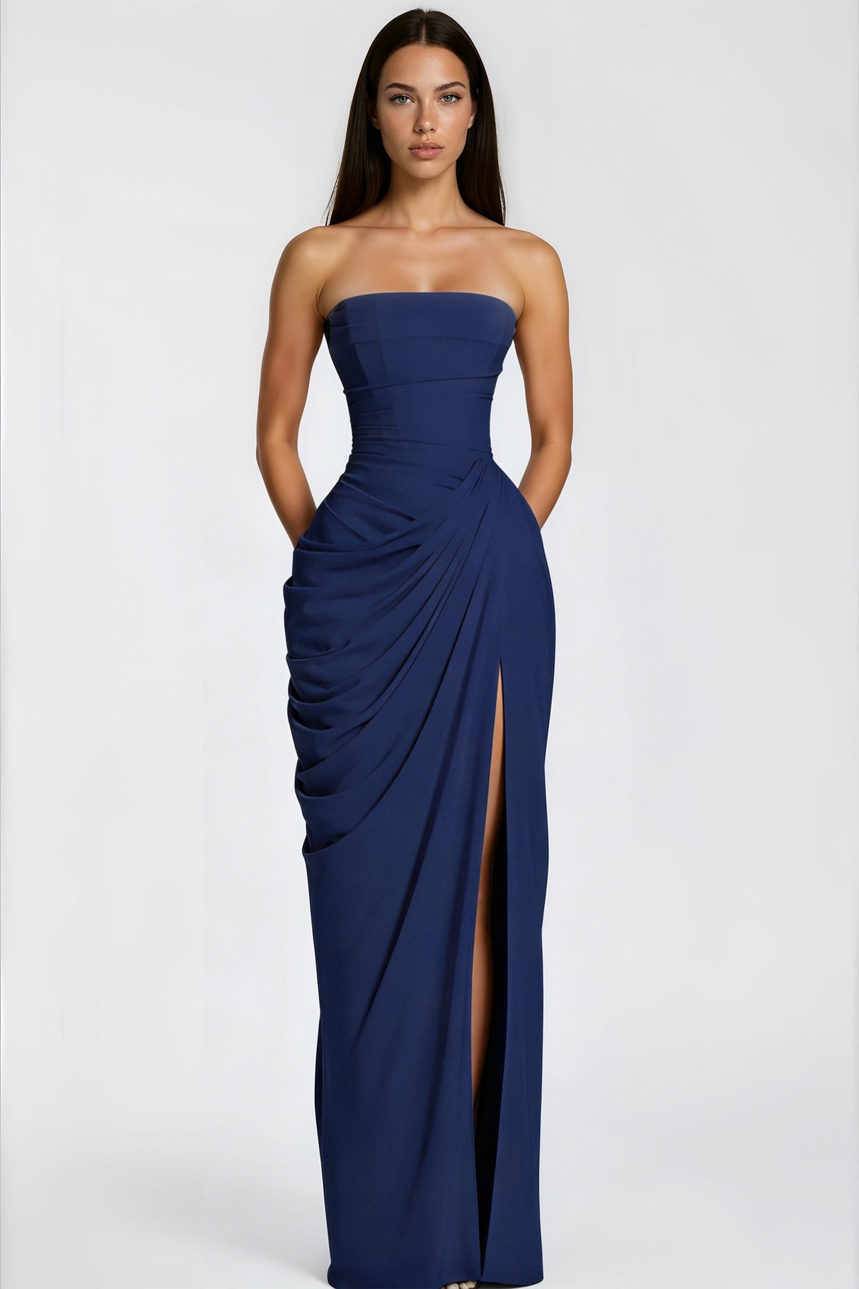 Aurohaya Safiya Navy Blue Ruched Maxi Dress with Cross Front