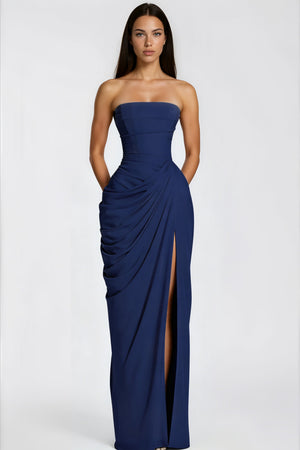 Aurohaya Safiya Navy Blue Ruched Maxi Dress with Cross Front