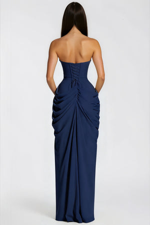 Aurohaya Safiya Navy Blue Ruched Maxi Dress with Cross Front