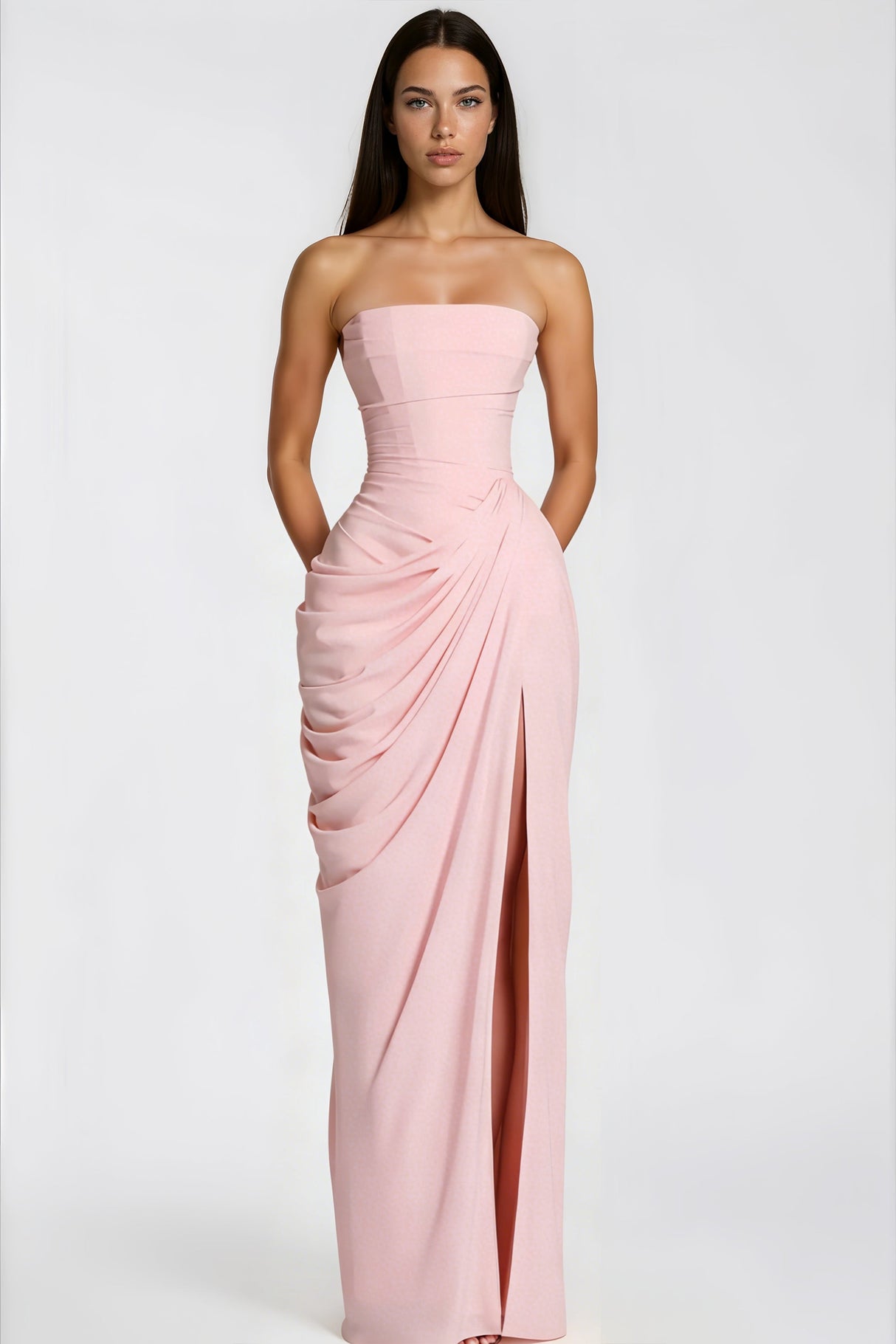 Aurohaya Safiya Pink Ruched Maxi Dress with Cross Front