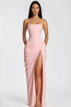 Aurohaya Safiya Pink Ruched Maxi Dress with Cross Front