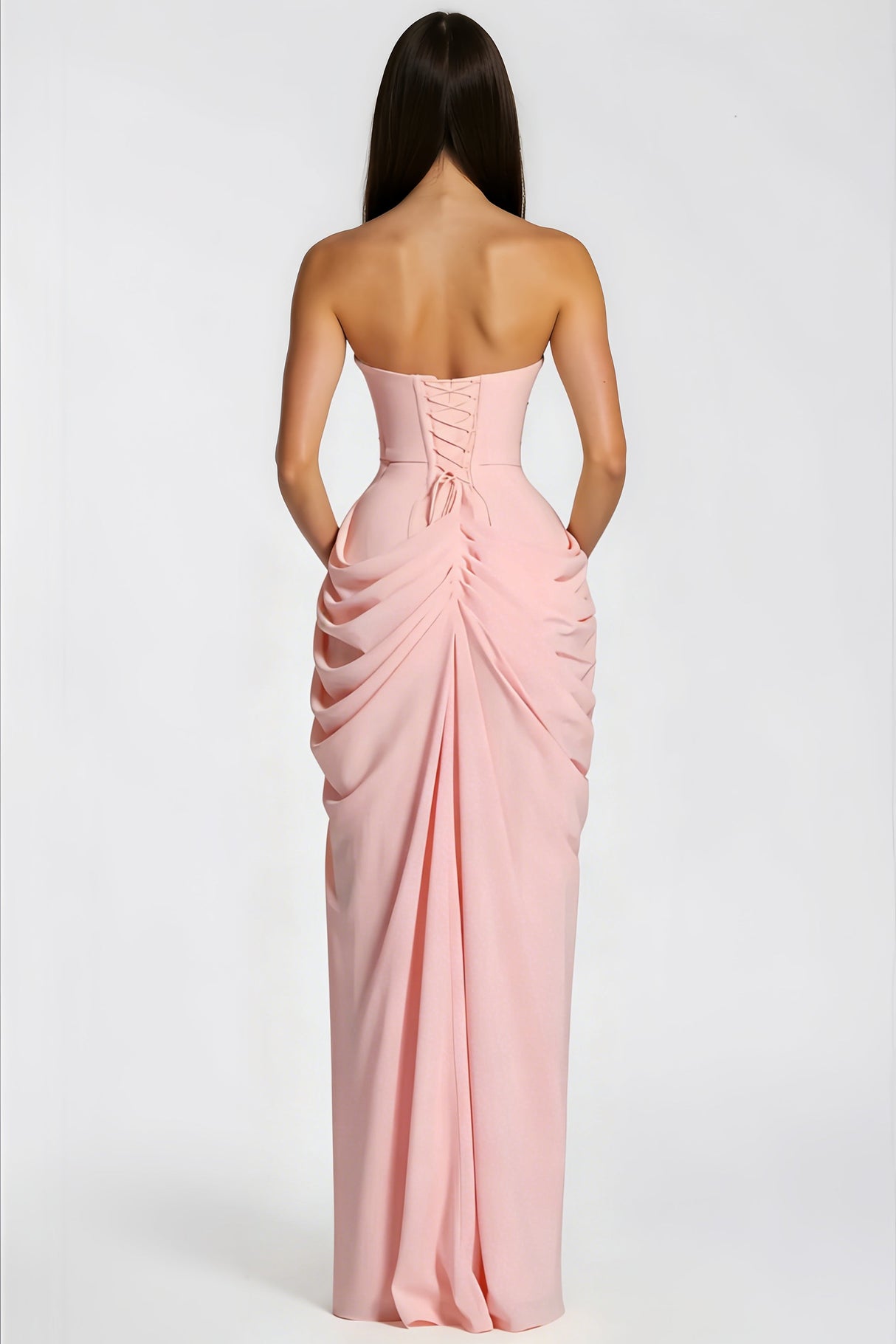Aurohaya Safiya Pink Ruched Maxi Dress with Cross Front