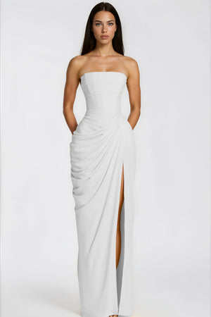 Aurohaya Safiya White Ruched Maxi Dress with Cross Front