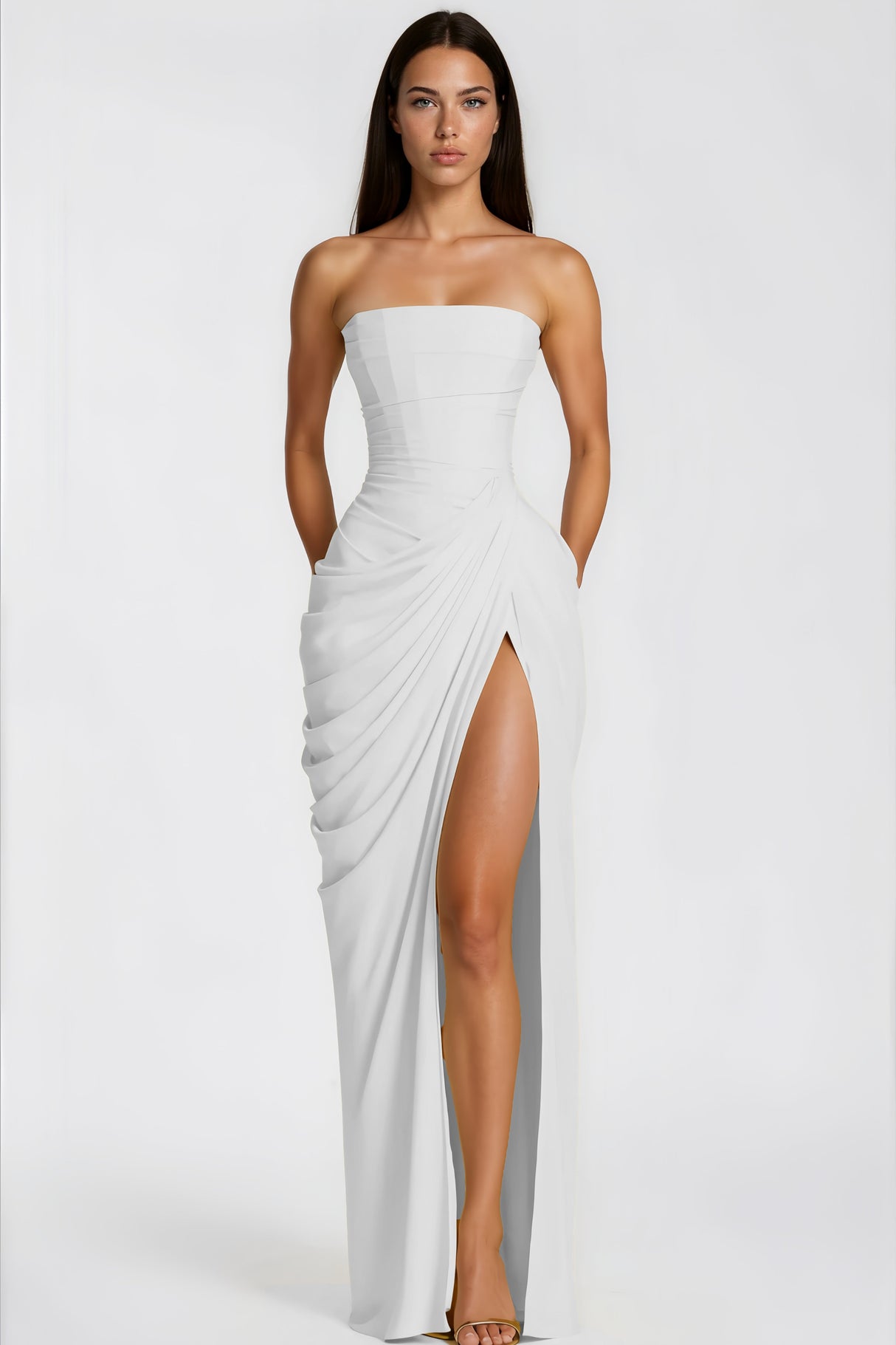 Aurohaya Safiya White Ruched Maxi Dress with Cross Front