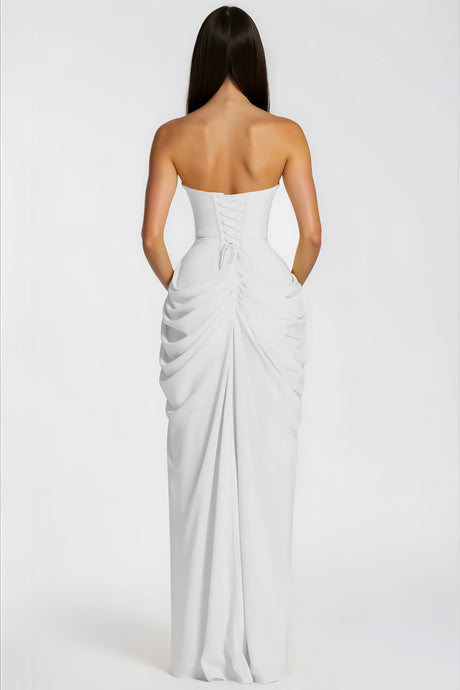 Aurohaya Safiya White Ruched Maxi Dress with Cross Front