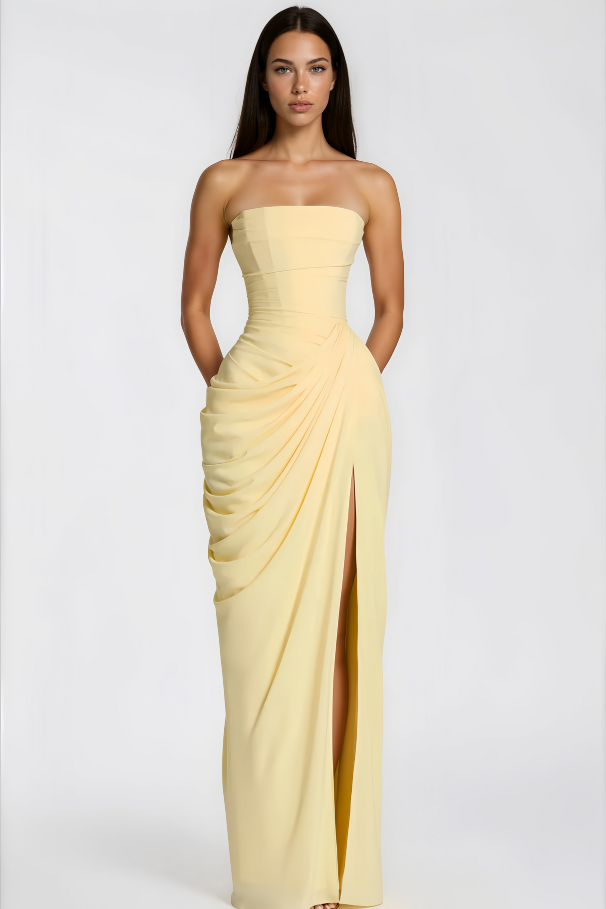 Aurohaya Safiya Yellow Ruched Maxi Dress with Cross Front