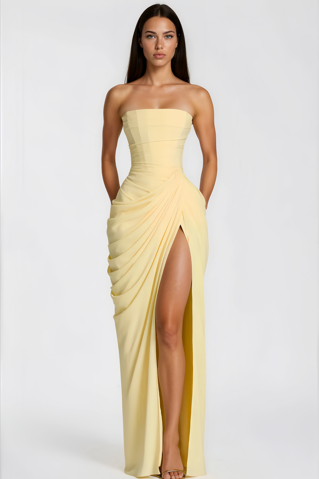 Aurohaya Safiya Yellow Ruched Maxi Dress with Cross Front