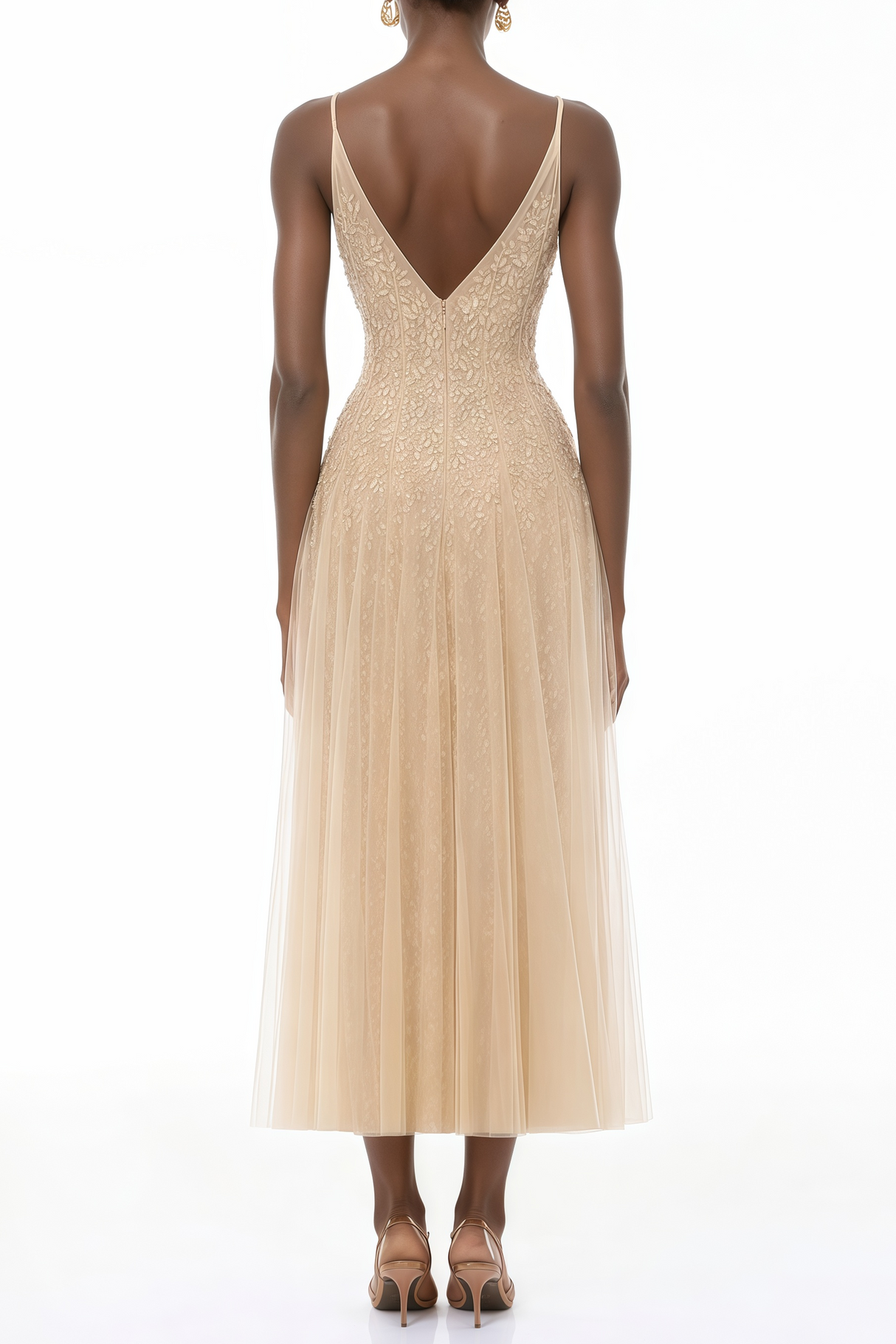 Aurohaya Saga Neutral Pleated Maxi Dress with 3D Petals