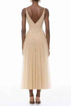 Aurohaya Saga Neutral Pleated Maxi Dress with 3D Petals