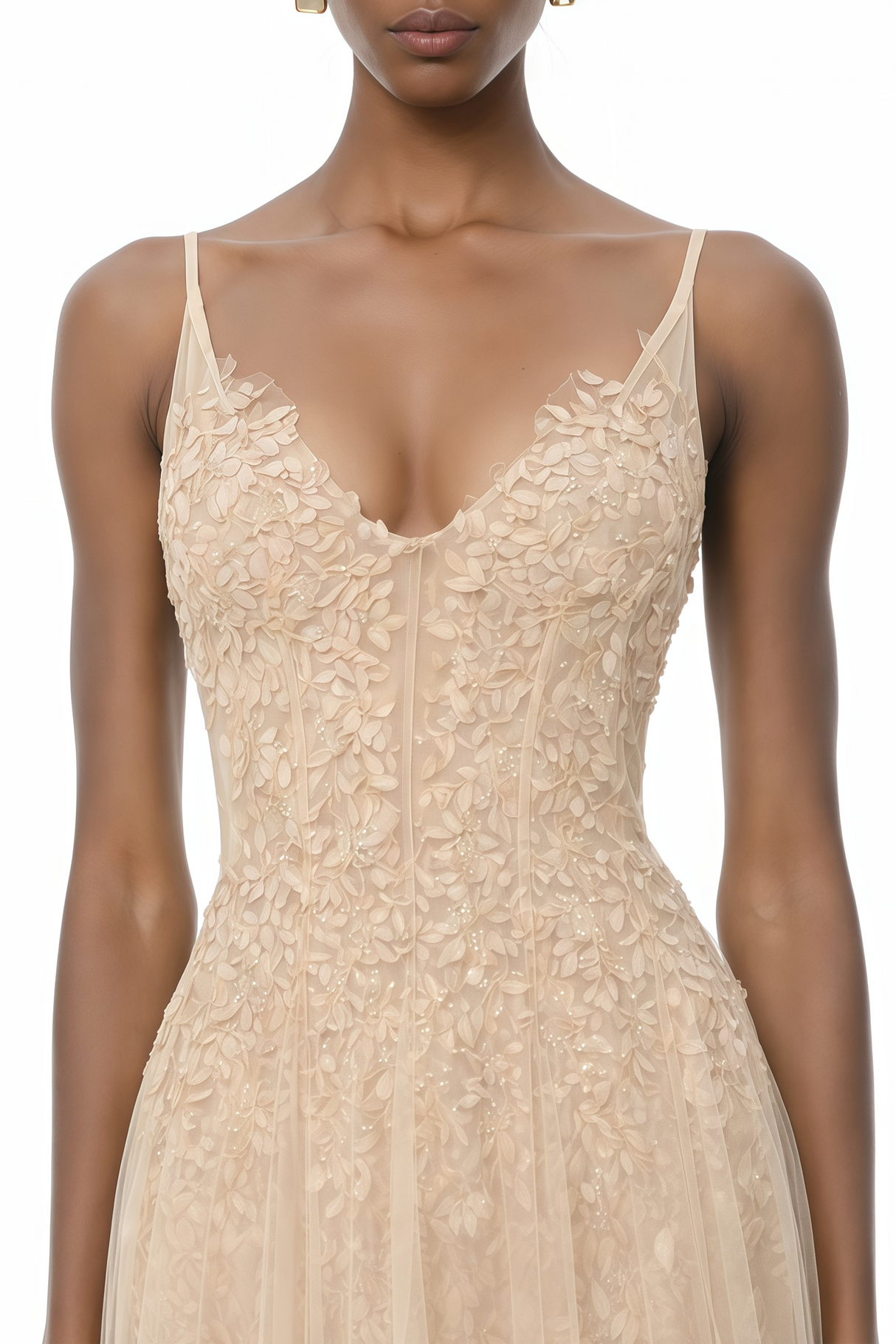 Aurohaya Saga Neutral Pleated Maxi Dress with 3D Petals