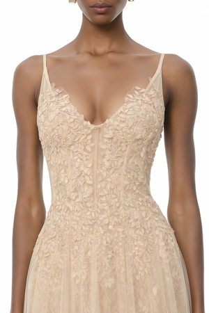 Aurohaya Saga Neutral Pleated Maxi Dress with 3D Petals