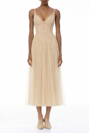 Aurohaya Saga Neutral Pleated Maxi Dress with 3D Petals