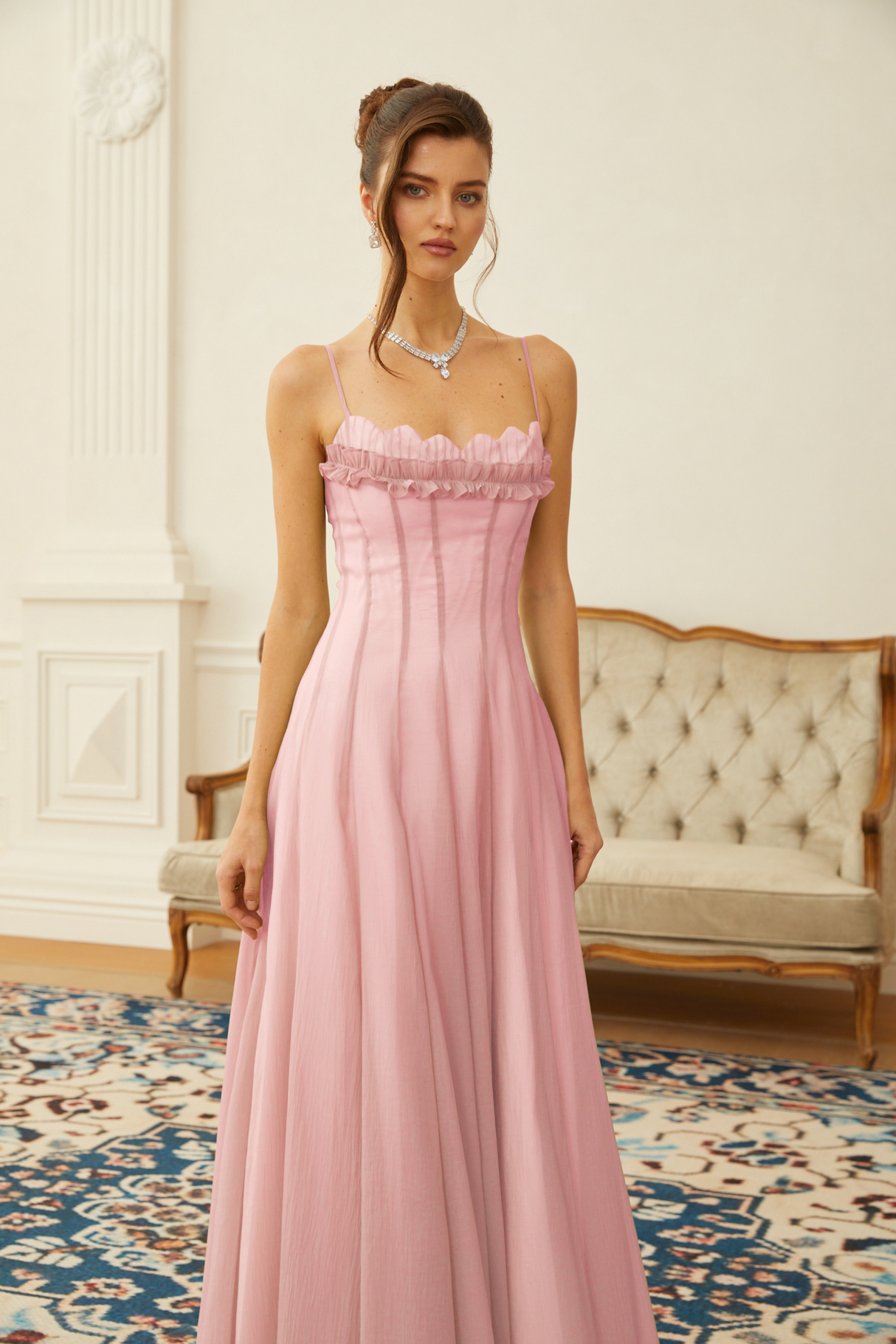 Aurohaya Sakura Ruffled Shirred Tulle Maxi Dress
