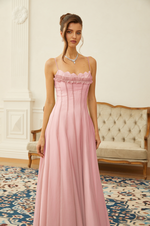 Aurohaya Sakura Ruffled Shirred Tulle Maxi Dress