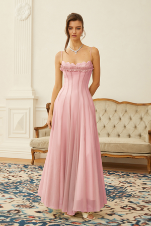 Aurohaya Sakura Ruffled Shirred Tulle Maxi Dress