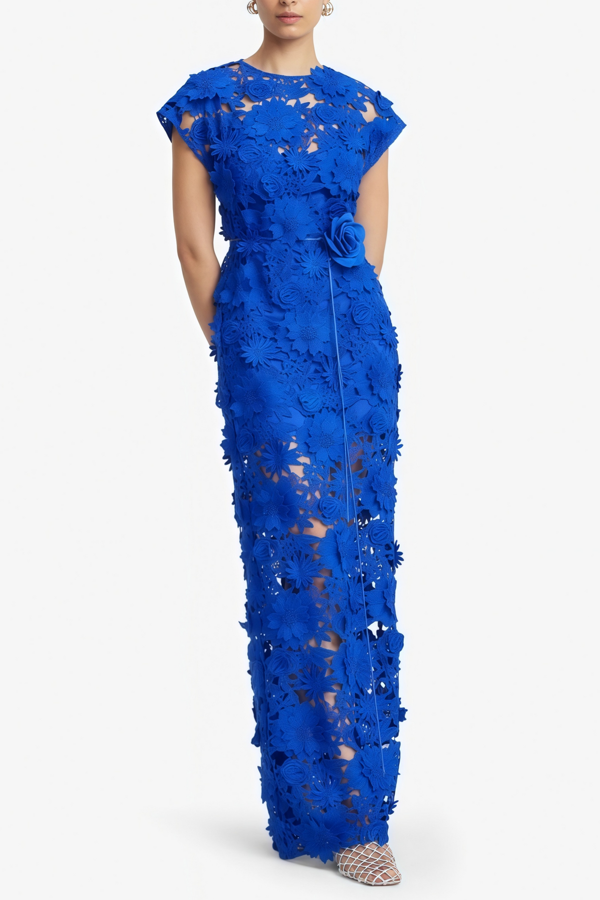 Aurohaya Jochebed Blue Floral Appliqué Maxi Dress witn Cut-Outs