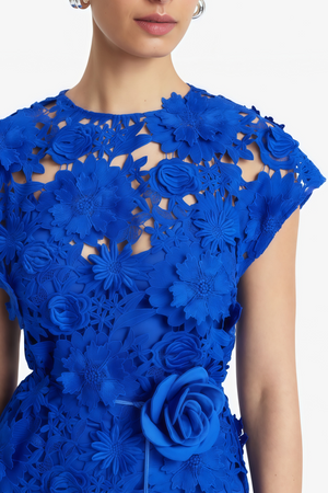 Aurohaya Jochebed Blue Floral Appliqué Maxi Dress witn Cut-Outs
