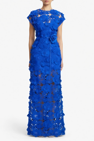 Aurohaya Jochebed Blue Floral Appliqué Maxi Dress witn Cut-Outs