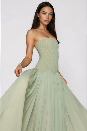 Aurohaya Salome Green Off Shoulder Pleated Maxi Dress