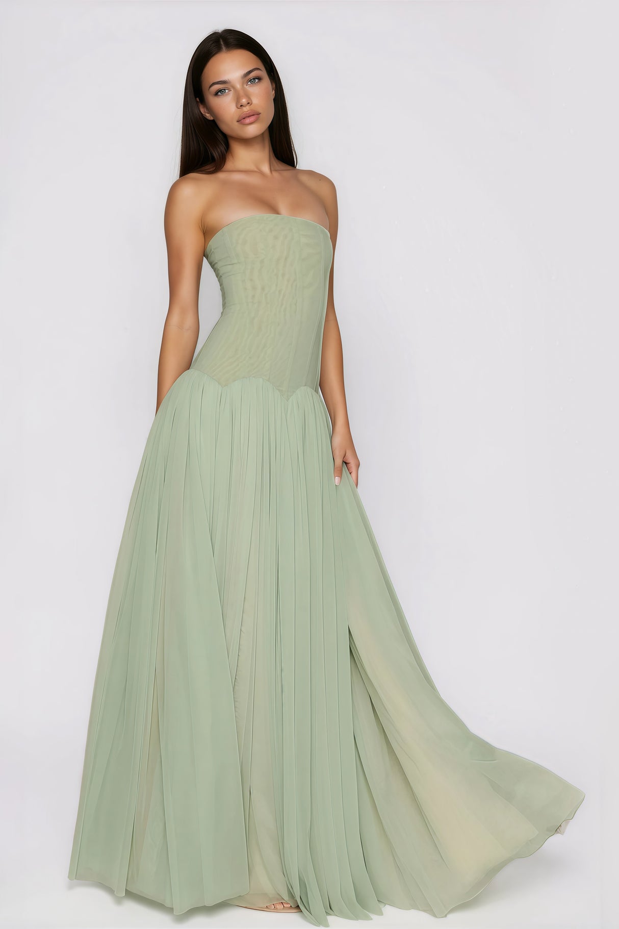 Aurohaya Salome Green Off Shoulder Pleated Maxi Dress