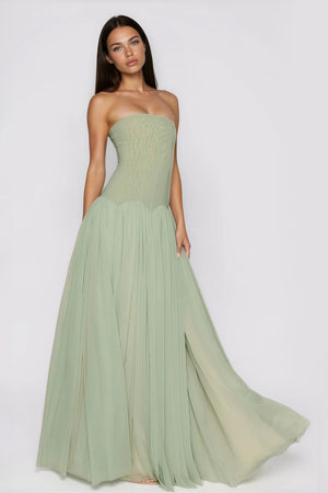 Aurohaya Salome Green Off Shoulder Pleated Maxi Dress