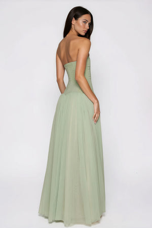 Aurohaya Salome Green Off Shoulder Pleated Maxi Dress