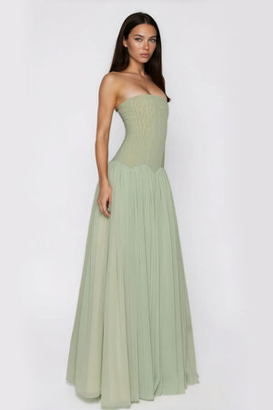 Aurohaya Salome Green Off Shoulder Pleated Maxi Dress