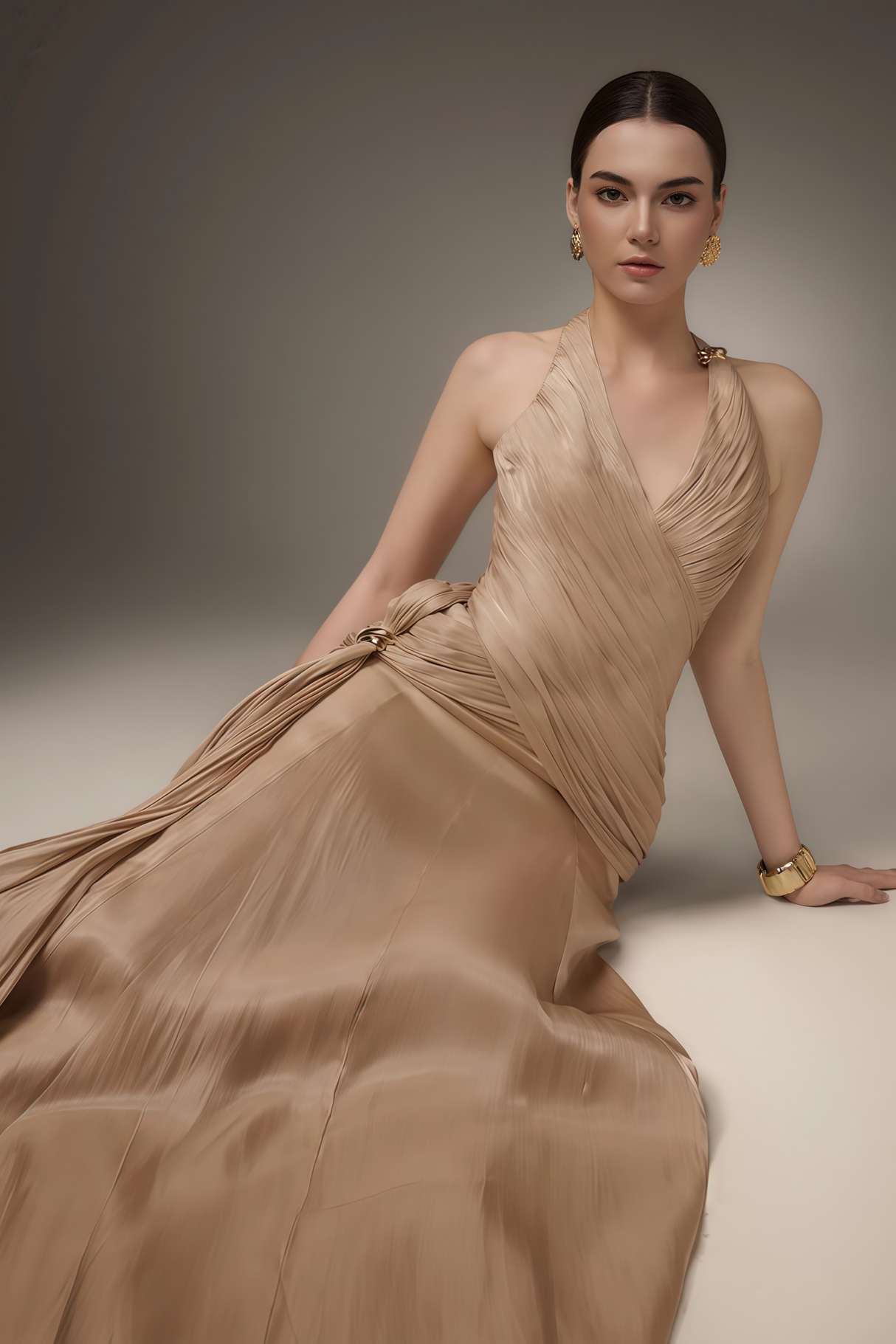 Aurohaya Sapir Bronze Halterneck Satin Maxi Dress with Ribbon