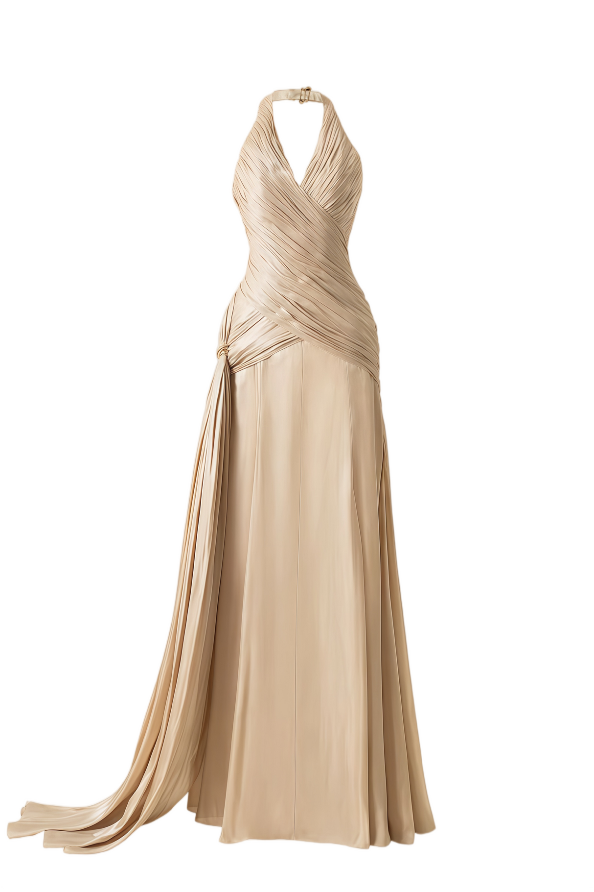 Aurohaya Sapir Bronze Halterneck Satin Maxi Dress with Ribbon