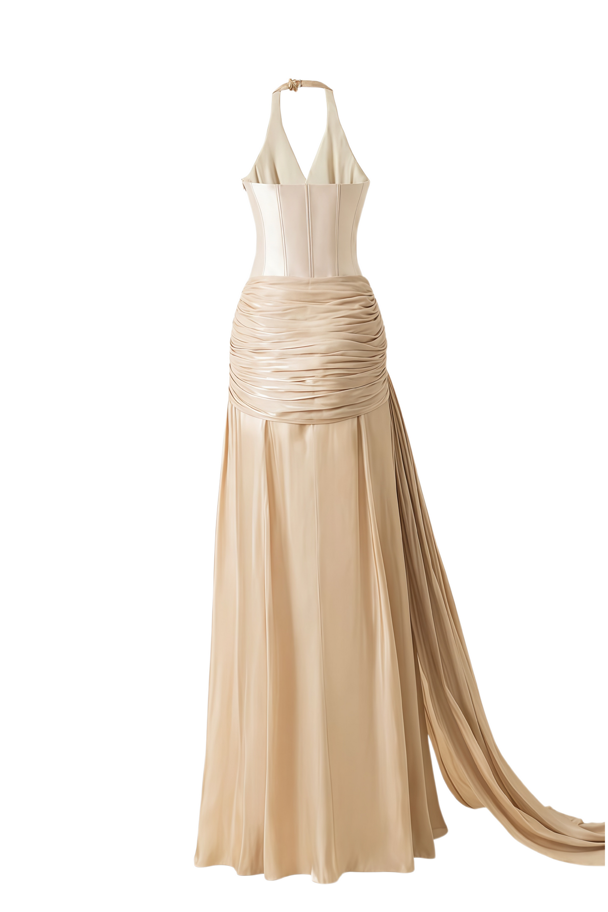 Aurohaya Sapir Bronze Halterneck Satin Maxi Dress with Ribbon