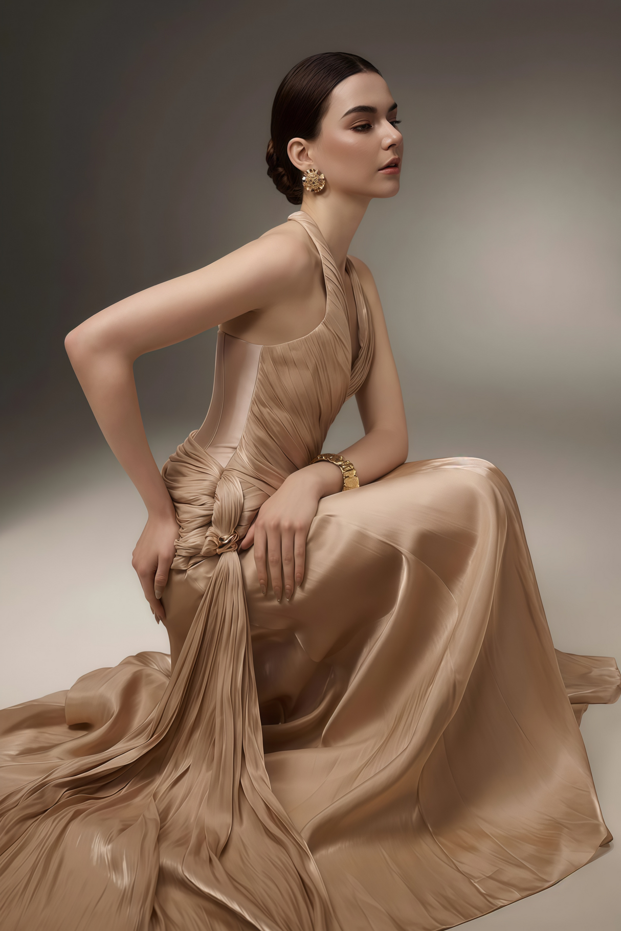 Aurohaya Sapir Bronze Halterneck Satin Maxi Dress with Ribbon