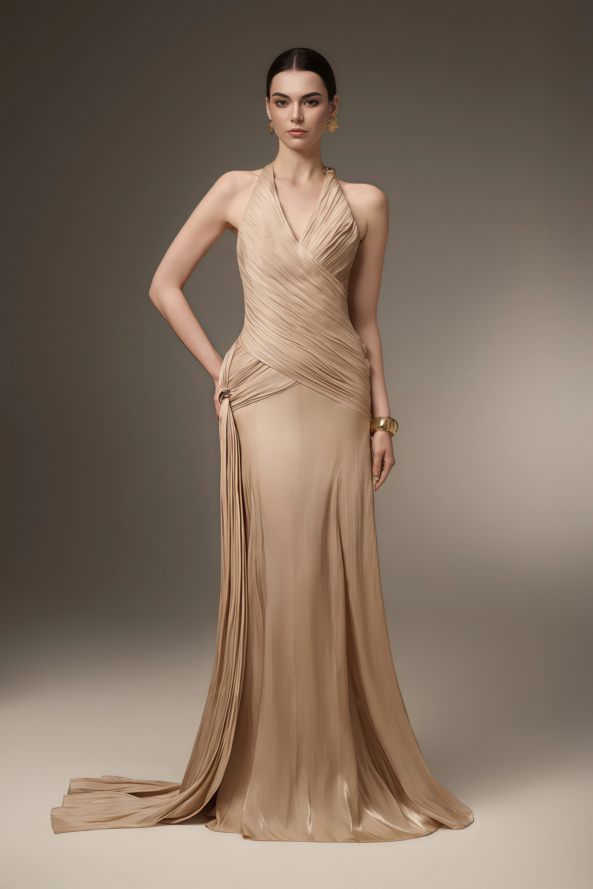 Aurohaya Sapir Bronze Halterneck Satin Maxi Dress with Ribbon