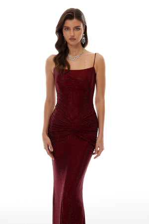 Aurohaya Sara Burgundy Rhinestone Ruched Maxi Gown
