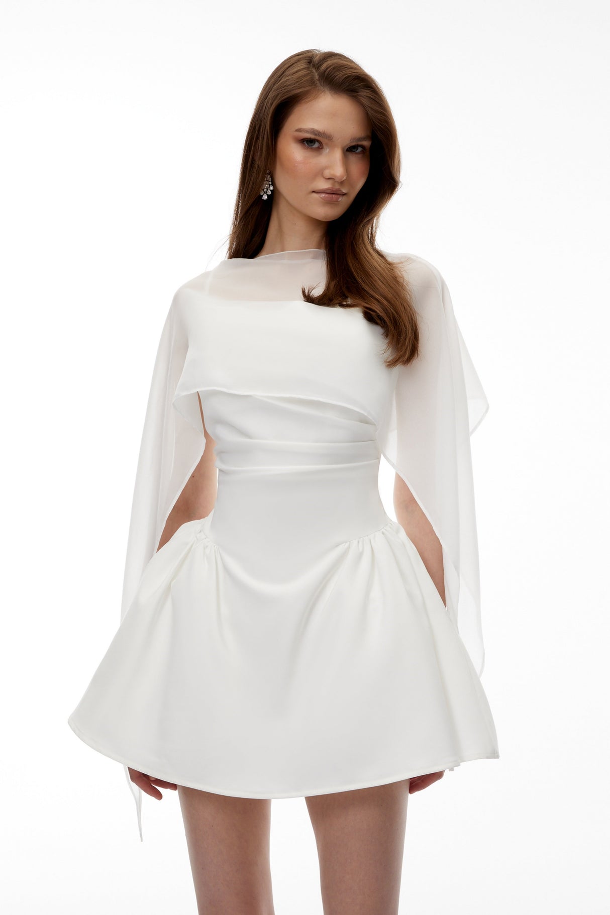 Aurohaya Sarah White Cinched Waist Mini Dress with Cape