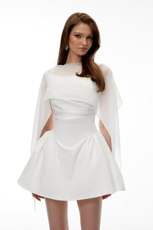 Aurohaya Sarah White Cinched Waist Mini Dress with Cape