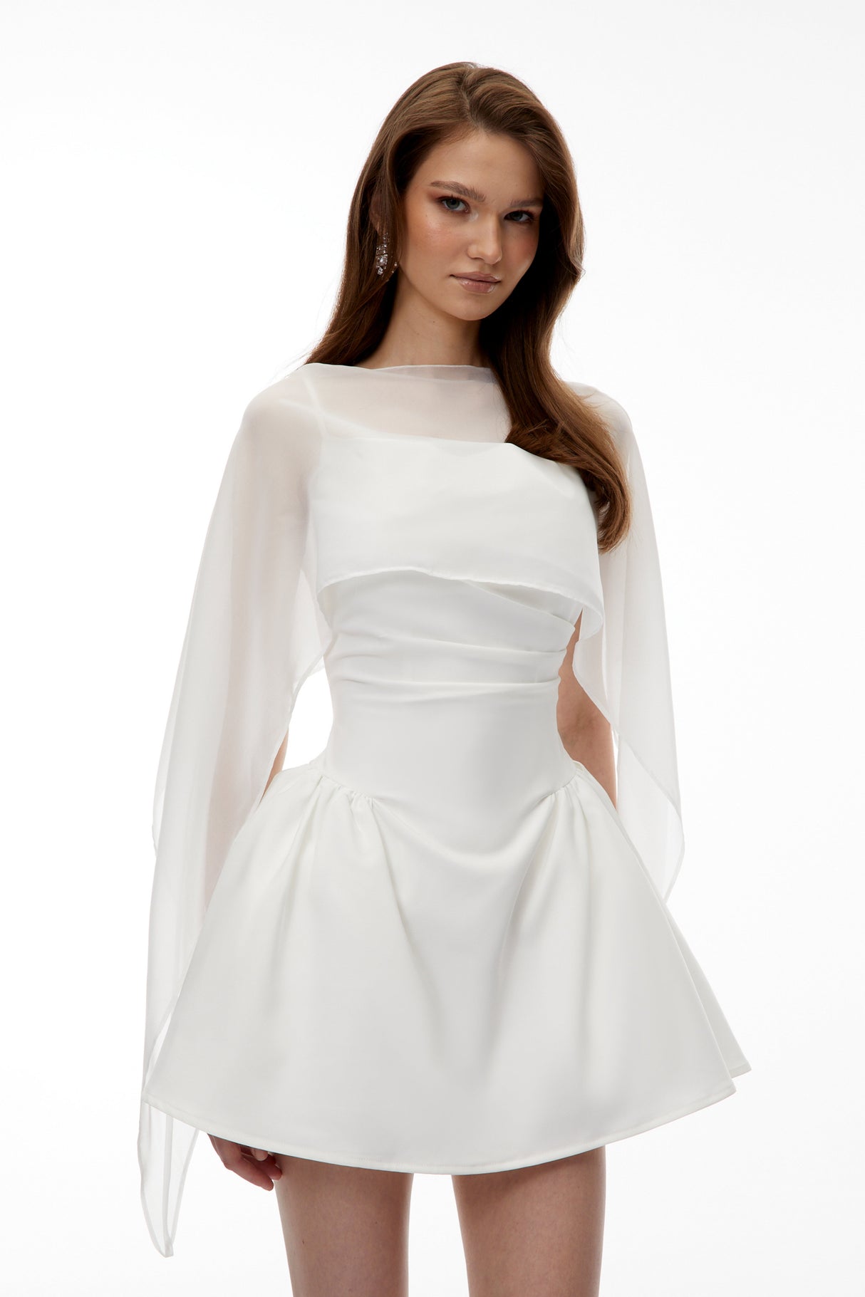 Aurohaya Sarah White Cinched Waist Mini Dress with Cape