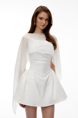 Aurohaya Sarah White Cinched Waist Mini Dress with Cape