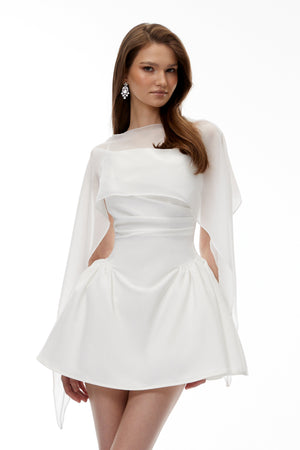Aurohaya Sarah White Cinched Waist Mini Dress with Cape