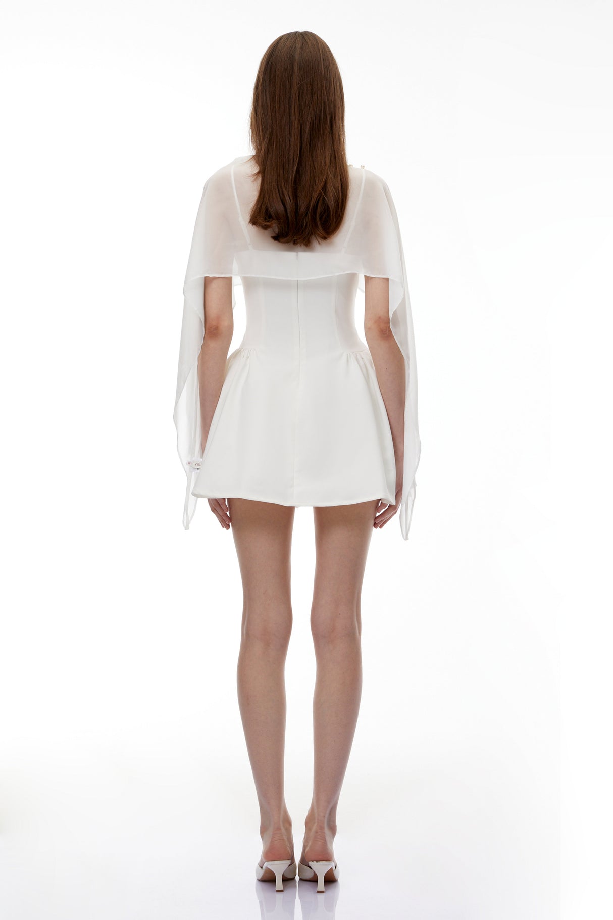 Aurohaya Sarah White Cinched Waist Mini Dress with Cape