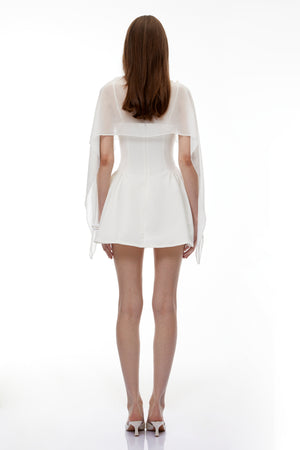Aurohaya Sarah White Cinched Waist Mini Dress with Cape