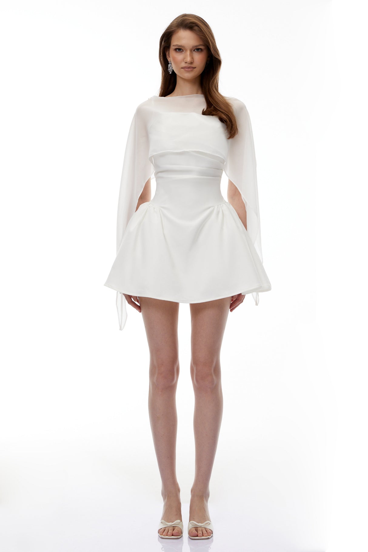 Aurohaya Sarah White Cinched Waist Mini Dress with Cape