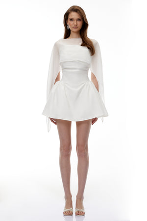 Aurohaya Sarah White Cinched Waist Mini Dress with Cape
