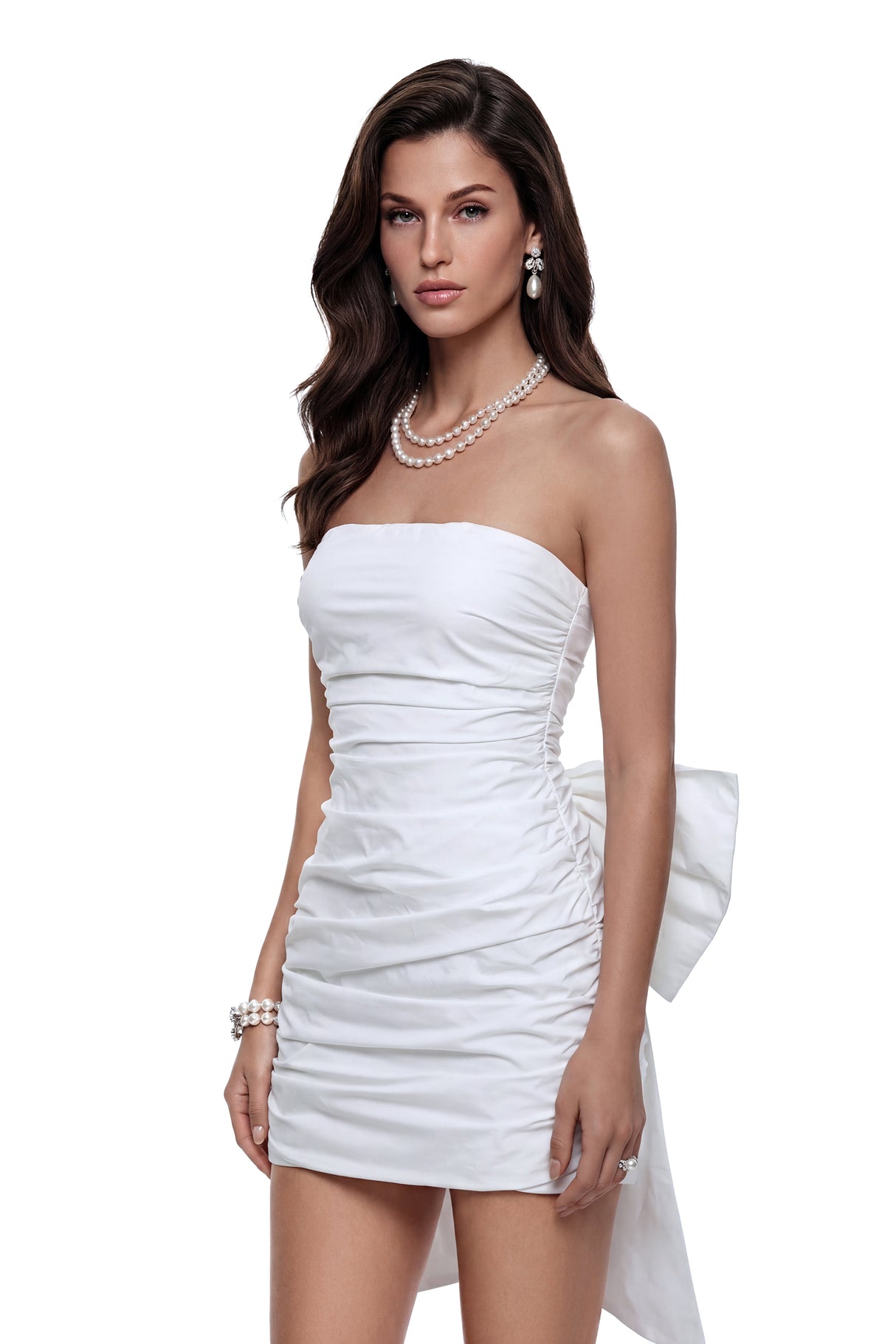 Aurohaya Sari White Ruched Mini Dress with Bow