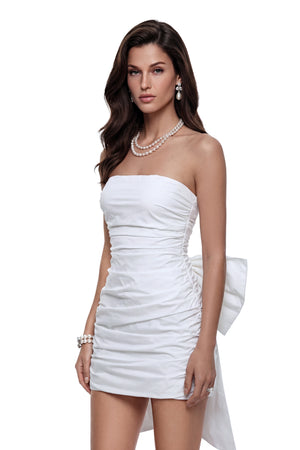 Aurohaya Sari White Ruched Mini Dress with Bow