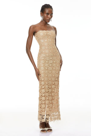 Aurohaya Saúl Gold Cut-Out Floral Embroidered Maxi Dress