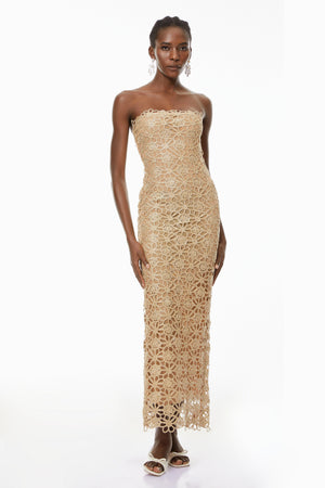 Aurohaya Saúl Gold Cut-Out Floral Embroidered Maxi Dress
