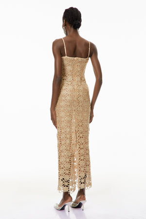 Aurohaya Saúl Gold Cut-Out Floral Embroidered Maxi Dress